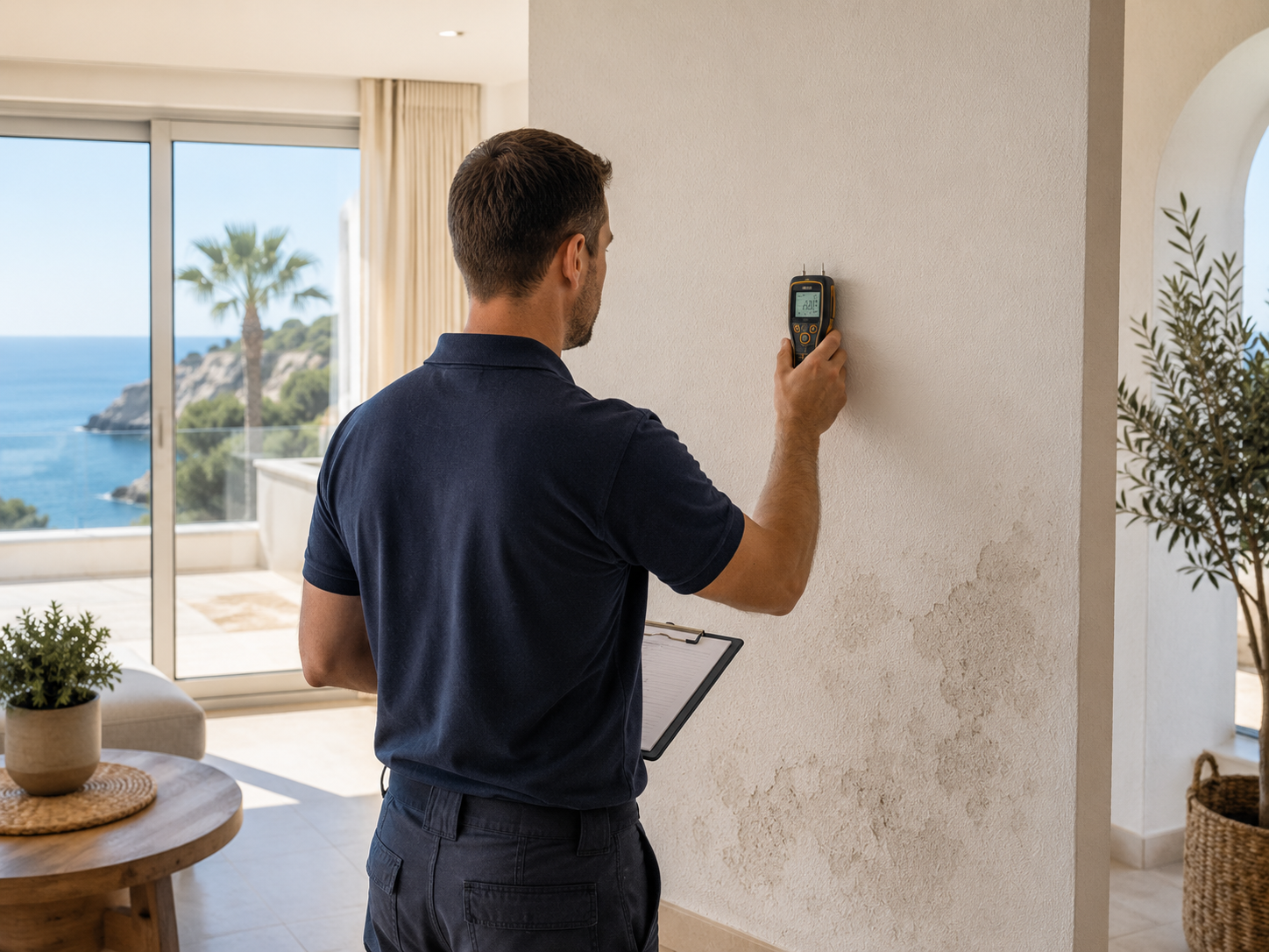 Técnico midiendo la humedad de una pared durante una inspección de la propiedad